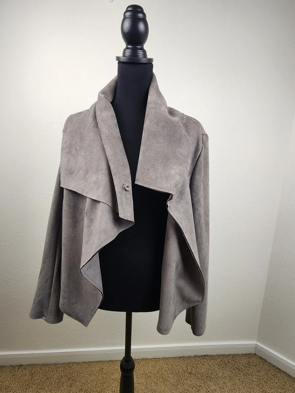 Anne Klein Faux Suede Draped Open Front Jacket XL Gray Waterfall Collar Neutral